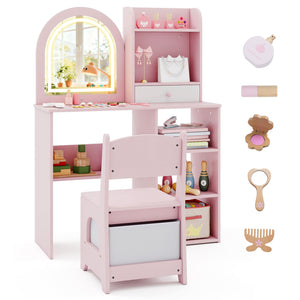 Kids Vanity Set Princess Girls Makeup Vanity Desk with Chair and 3-Color LED Lighted Mirror-Pink