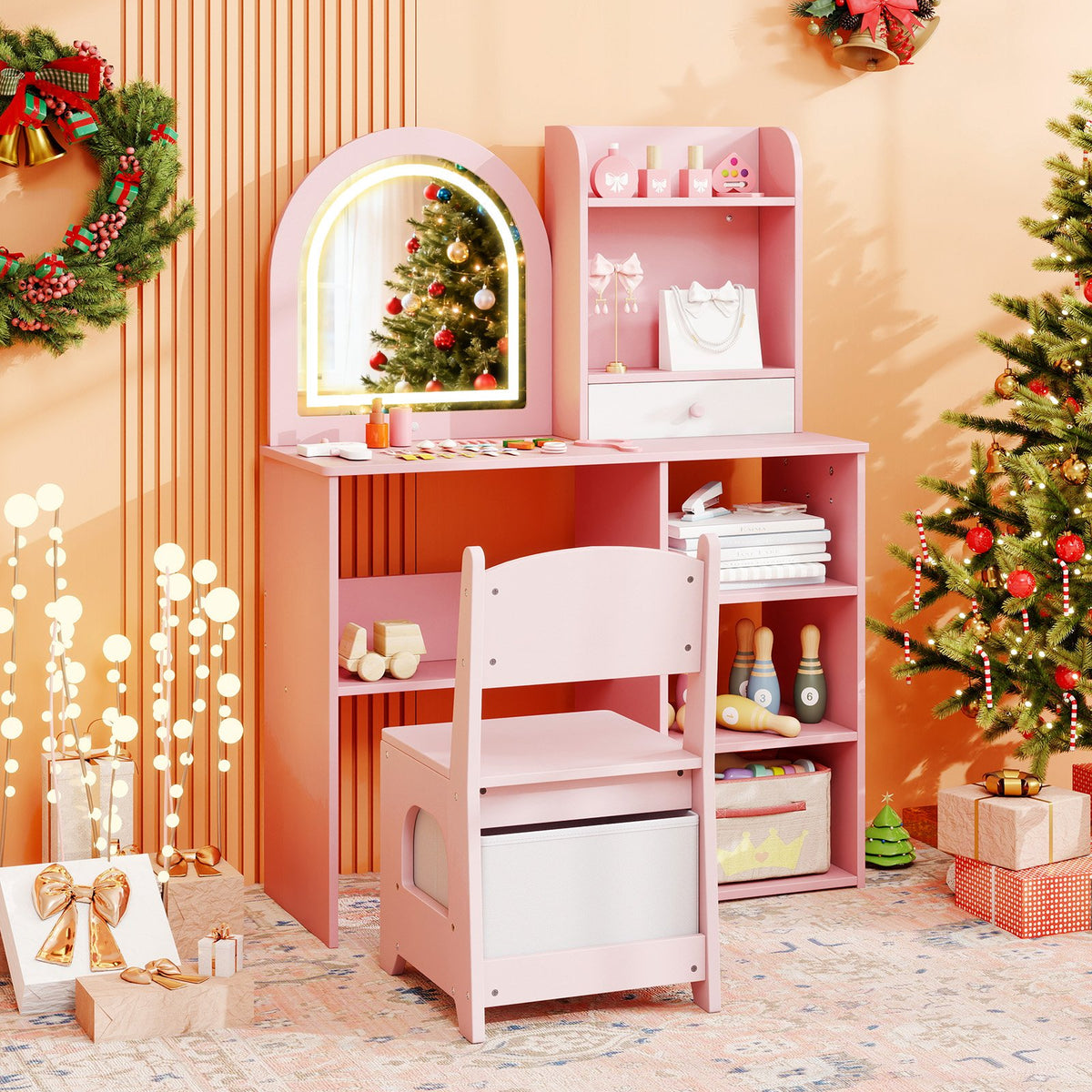 Kids Vanity Set Princess Girls Makeup Vanity Desk with Chair and 3-Color LED Lighted Mirror-Pink view 2