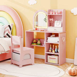 Kids Vanity Set Princess Girls Makeup Vanity Desk with Chair and 3-Color LED Lighted Mirror-Pink view 3