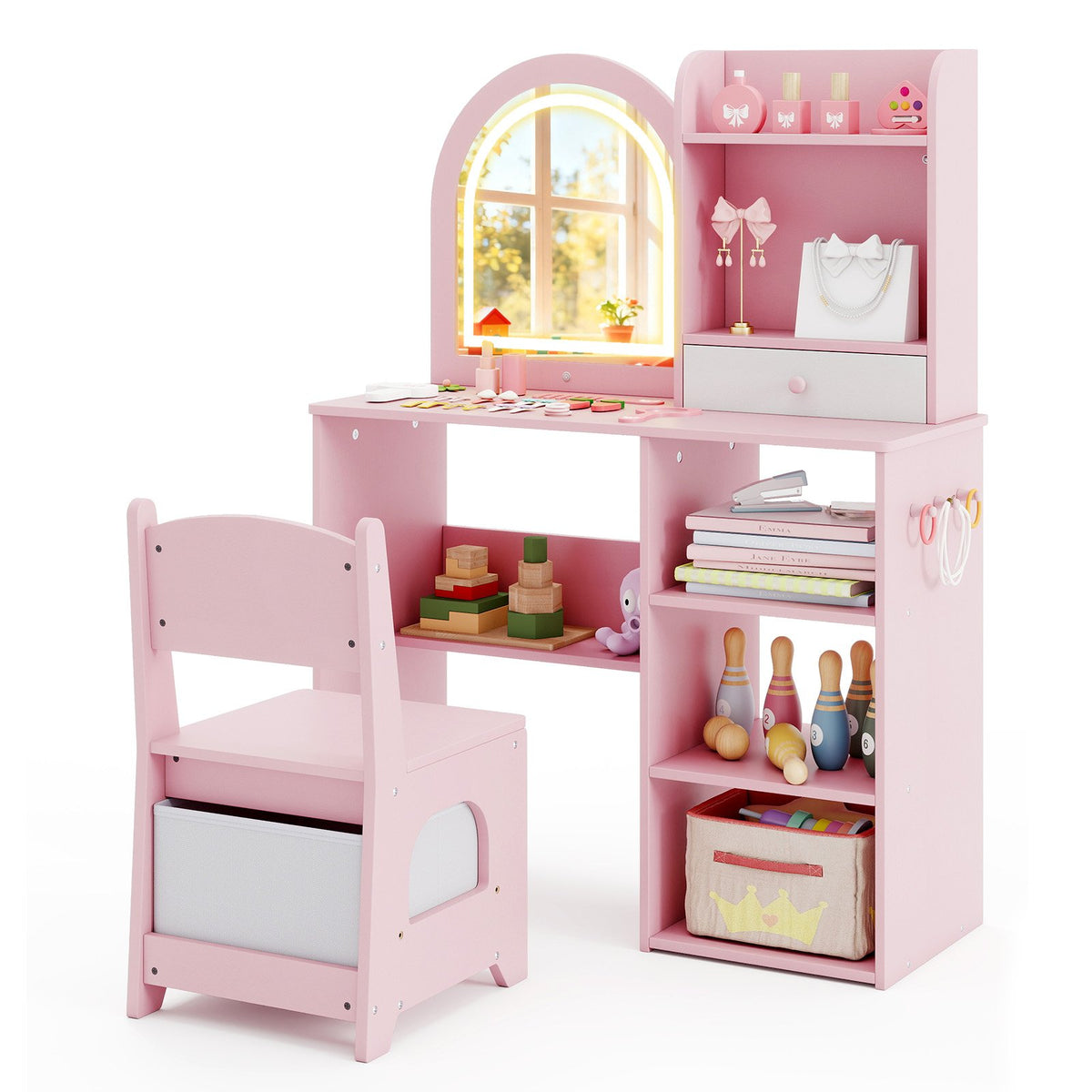 Kids Vanity Set Princess Girls Makeup Vanity Desk with Chair and 3-Color LED Lighted Mirror-Pink view 4