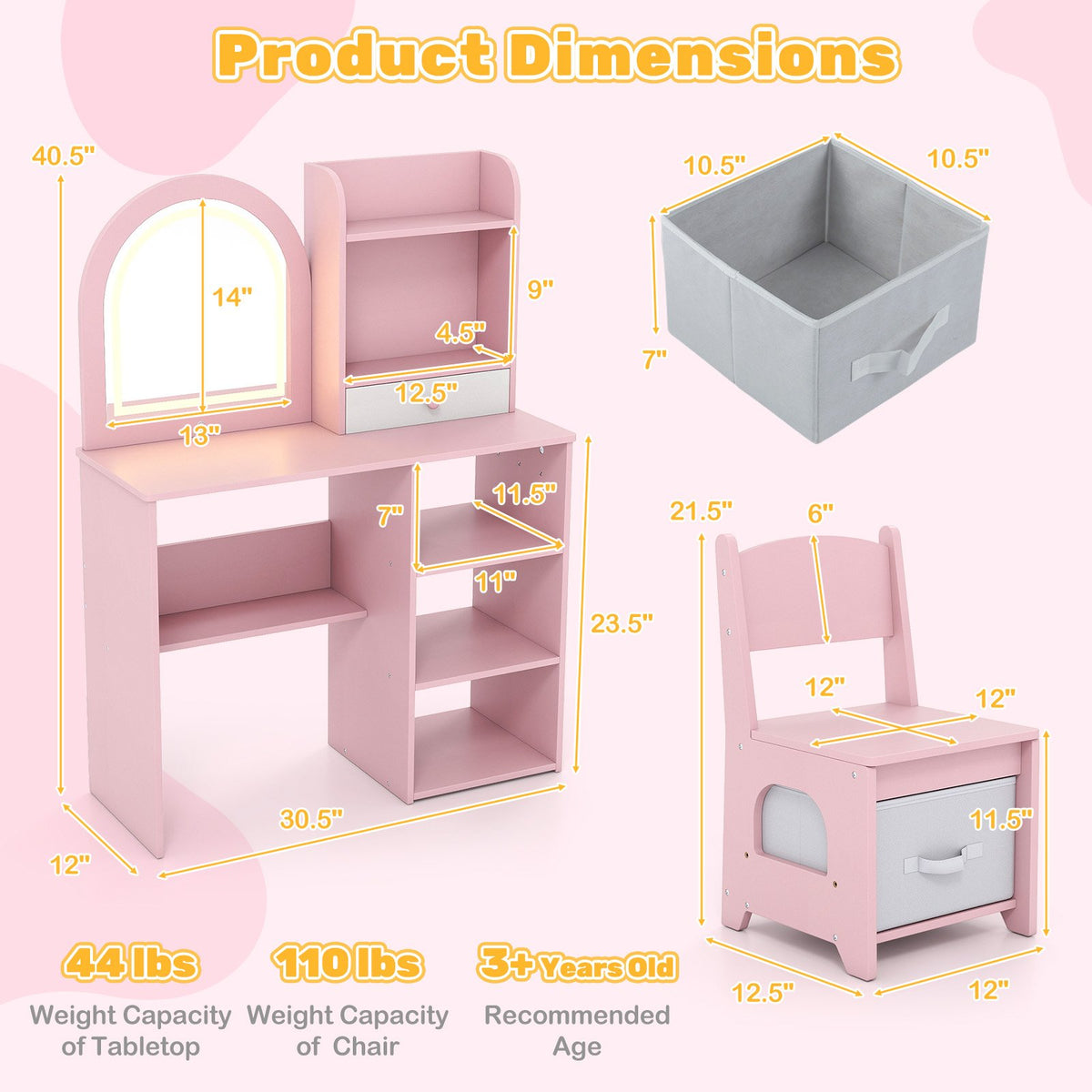 Kids Vanity Set Princess Girls Makeup Vanity Desk with Chair and 3-Color LED Lighted Mirror-Pink view 5