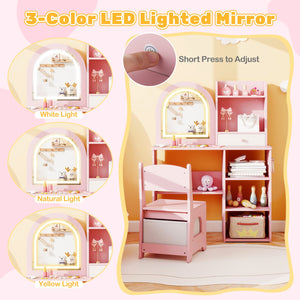 Kids Vanity Set Princess Girls Makeup Vanity Desk with Chair and 3-Color LED Lighted Mirror-Pink view 6