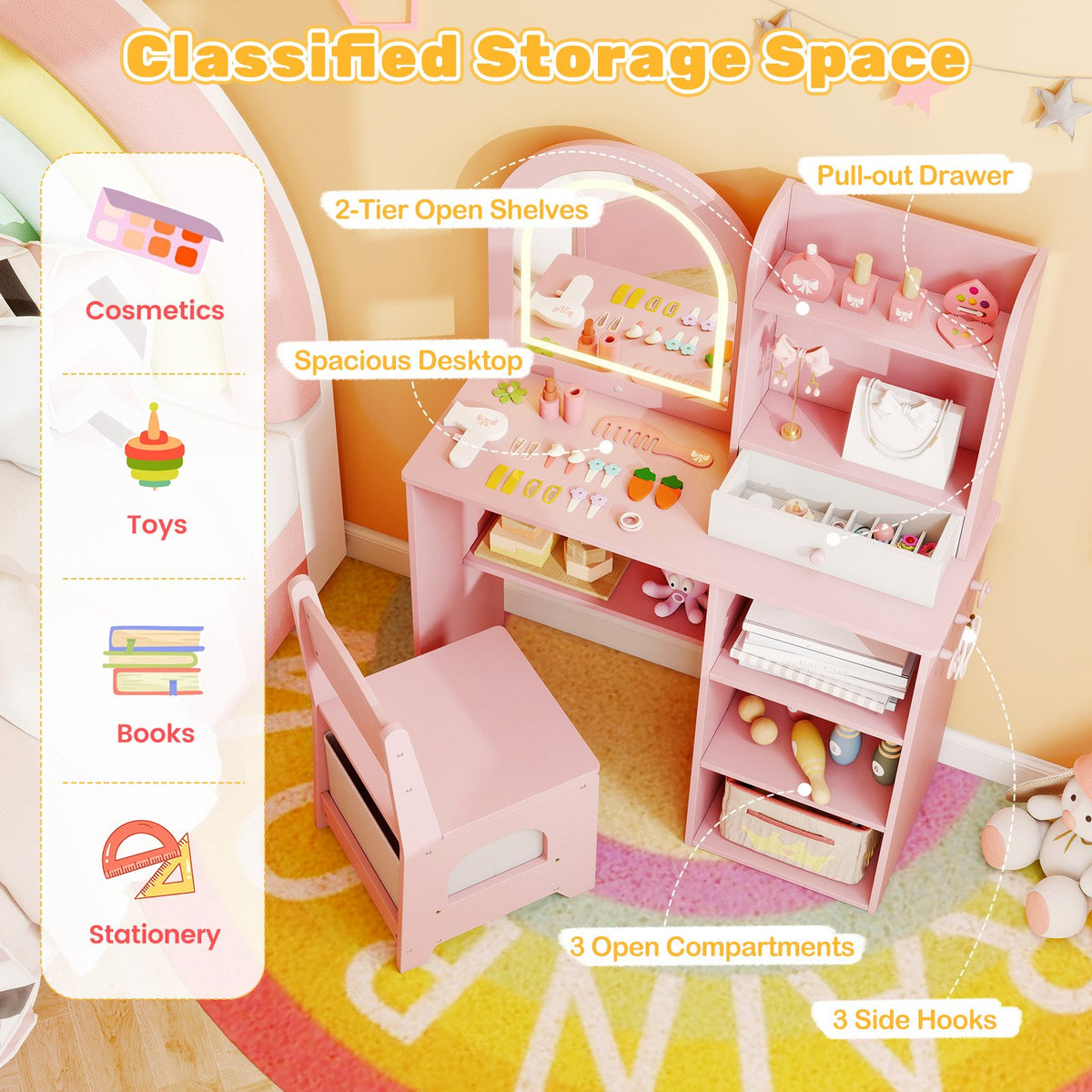 Kids Vanity Set Princess Girls Makeup Vanity Desk with Chair and 3-Color LED Lighted Mirror-Pink view 7