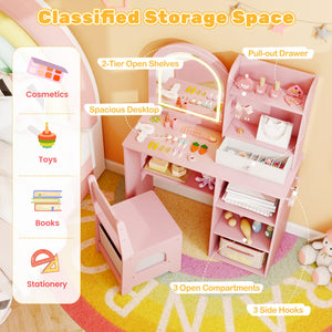 Kids Vanity Set Princess Girls Makeup Vanity Desk with Chair and 3-Color LED Lighted Mirror-Pink view 7