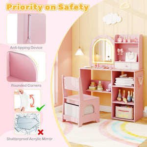 Kids Vanity Set Princess Girls Makeup Vanity Desk with Chair and 3-Color LED Lighted Mirror-Pink view 9