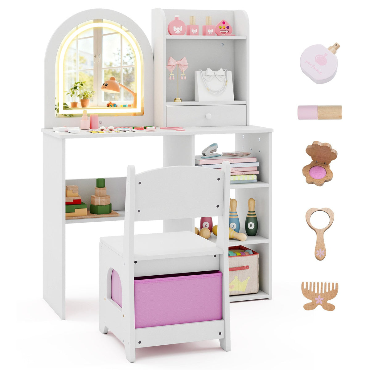 Kids Vanity Set Princess Girls Makeup Vanity Desk with Chair and 3-Color LED Lighted Mirror-White