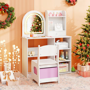 Kids Vanity Set Princess Girls Makeup Vanity Desk with Chair and 3-Color LED Lighted Mirror-White view 2