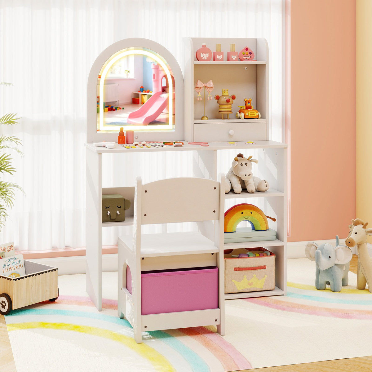 Kids Vanity Set Princess Girls Makeup Vanity Desk with Chair and 3-Color LED Lighted Mirror-White view 3