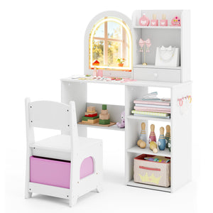 Kids Vanity Set Princess Girls Makeup Vanity Desk with Chair and 3-Color LED Lighted Mirror-White view 4