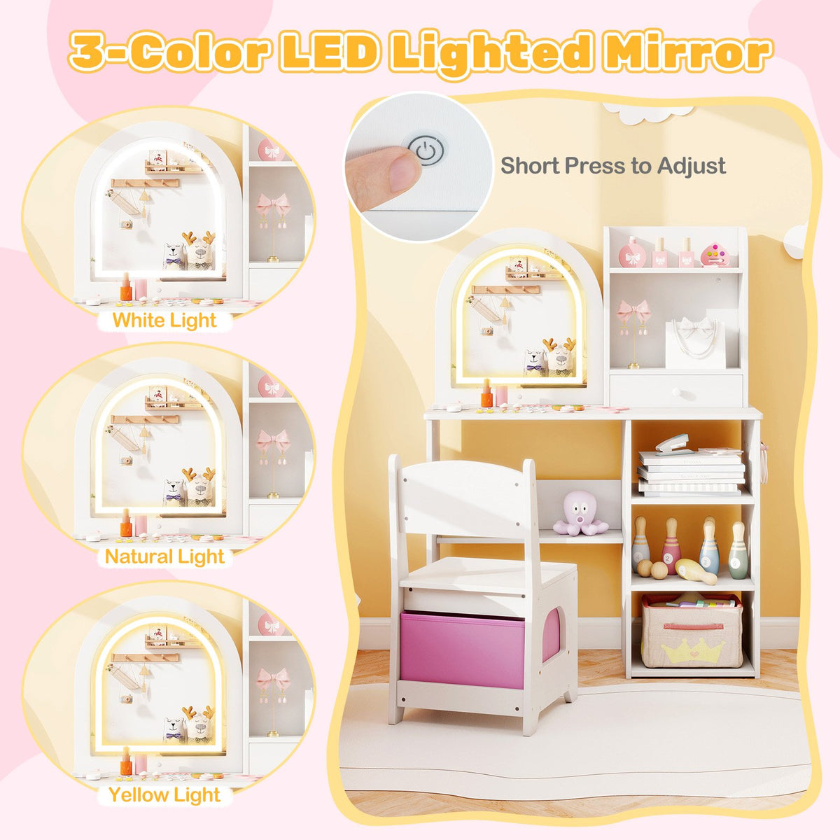 Kids Vanity Set Princess Girls Makeup Vanity Desk with Chair and 3-Color LED Lighted Mirror-White view 6