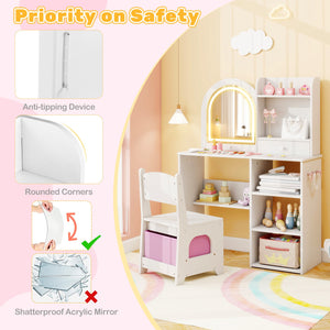 Kids Vanity Set Princess Girls Makeup Vanity Desk with Chair and 3-Color LED Lighted Mirror-White view 9
