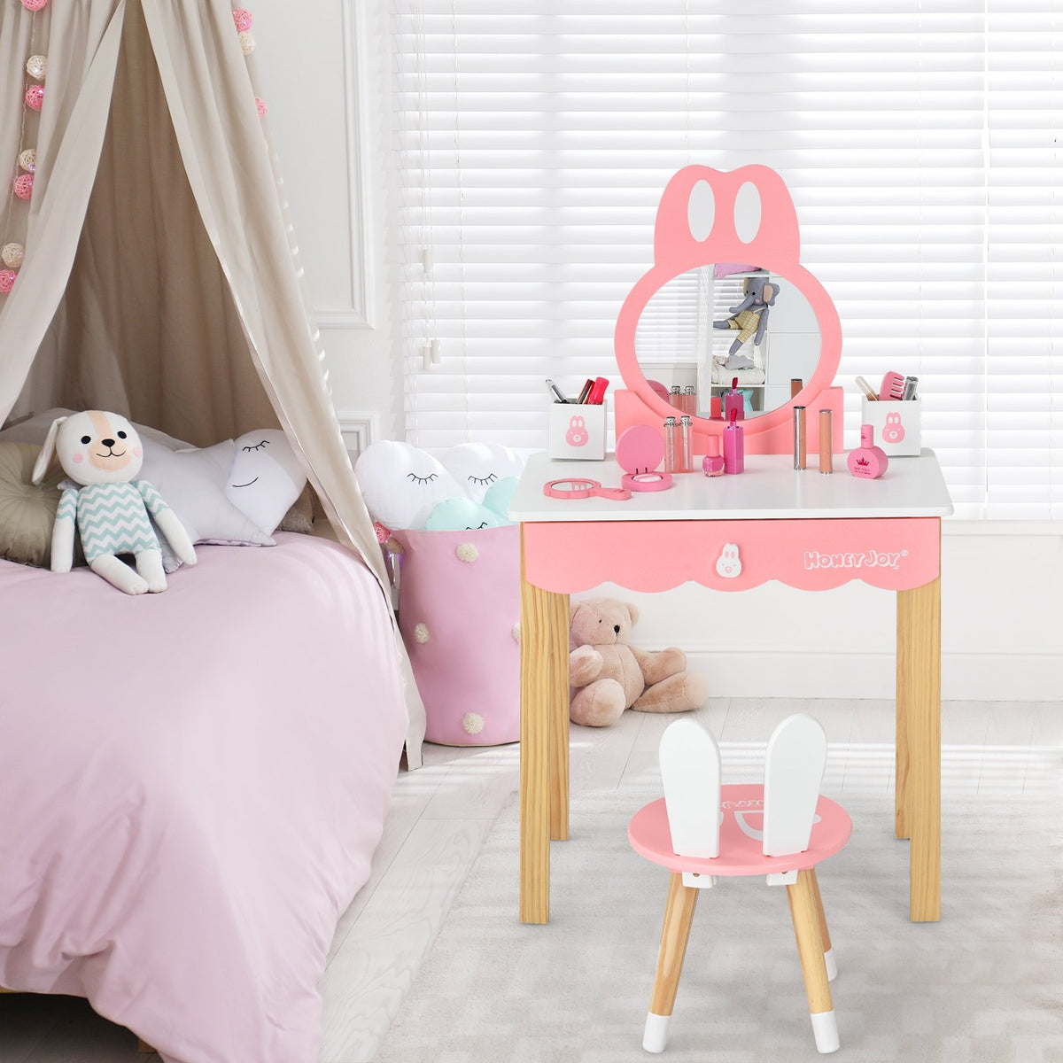 Kids Vanity Set Rabbit Makeup Dressing Table Chair Set with Mirror and Drawer-White view 2