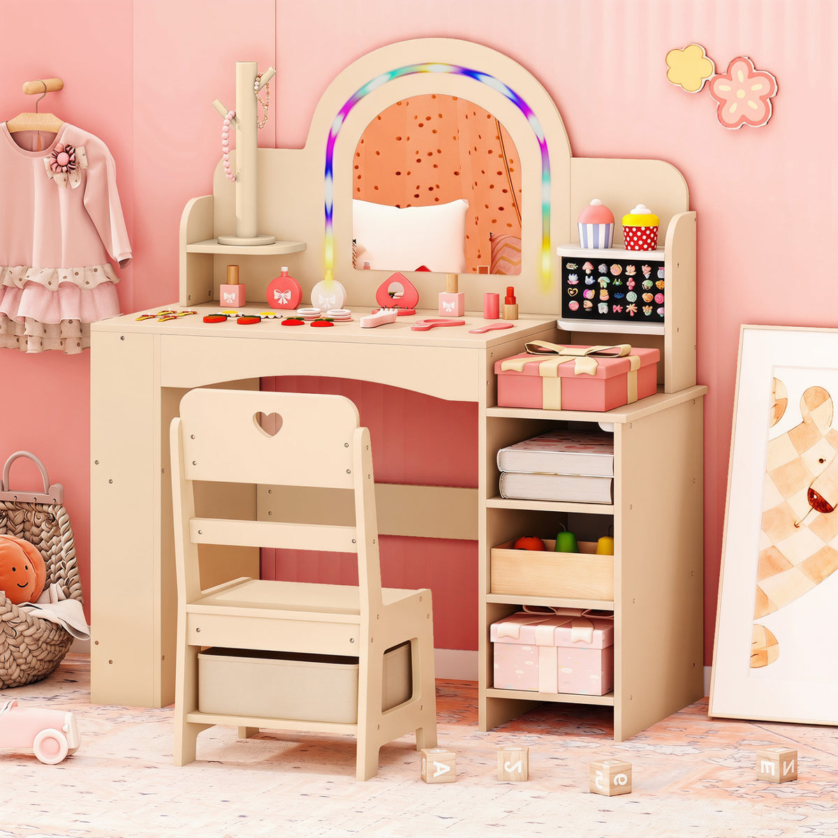 Kids Vanity Set with Colorful LED Lights Princess Makeup Dressing Table with Chair-Natural view 2