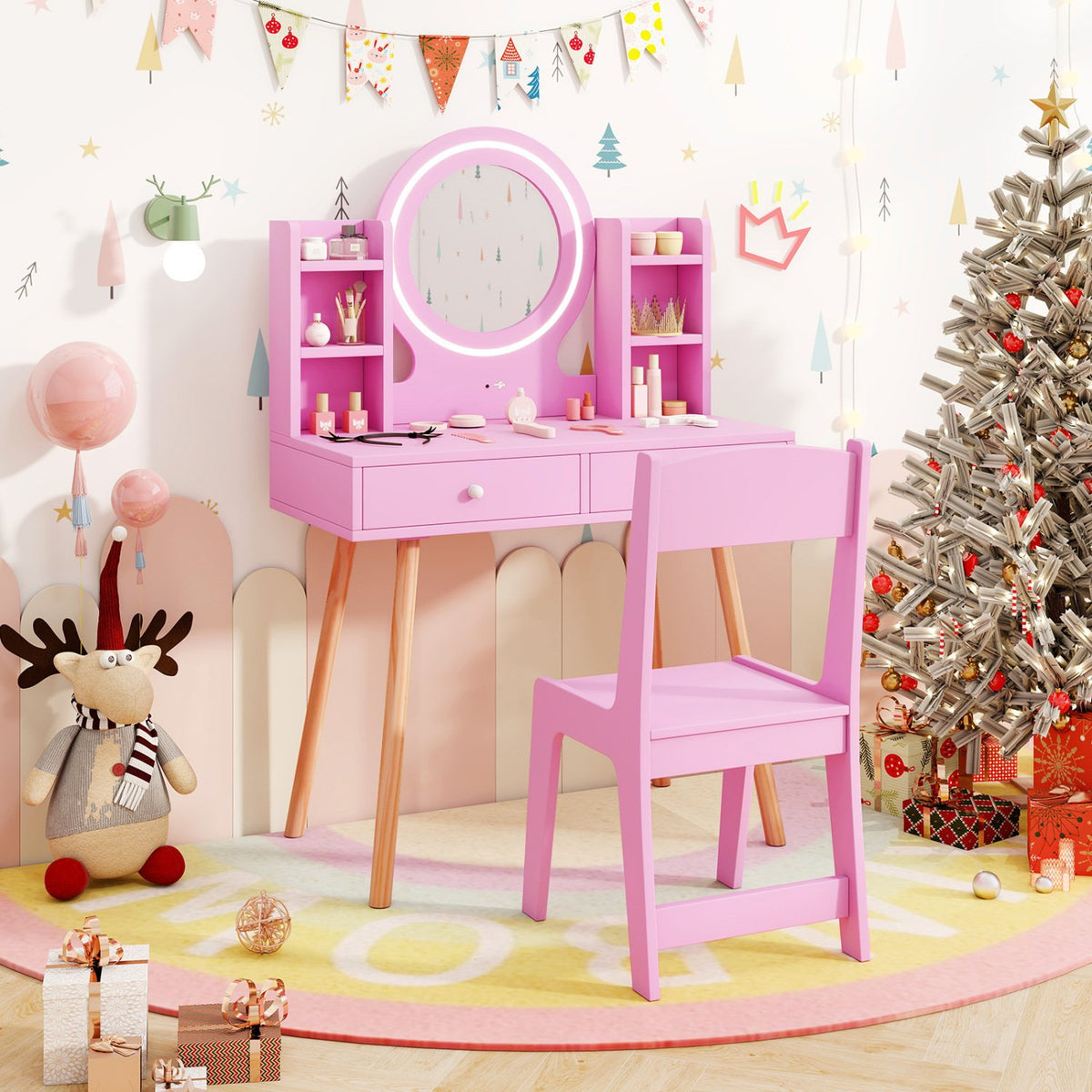 Kids Vanity Set with Lighted Mirror and Storage Drawers-Pink view 2