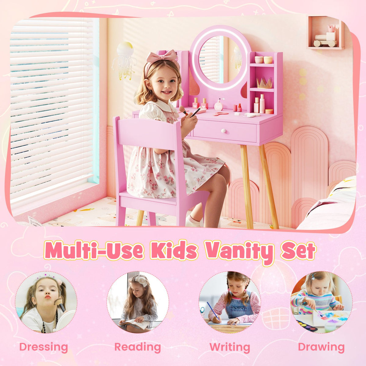 Kids Vanity Set with Lighted Mirror and Storage Drawers-Pink view 9