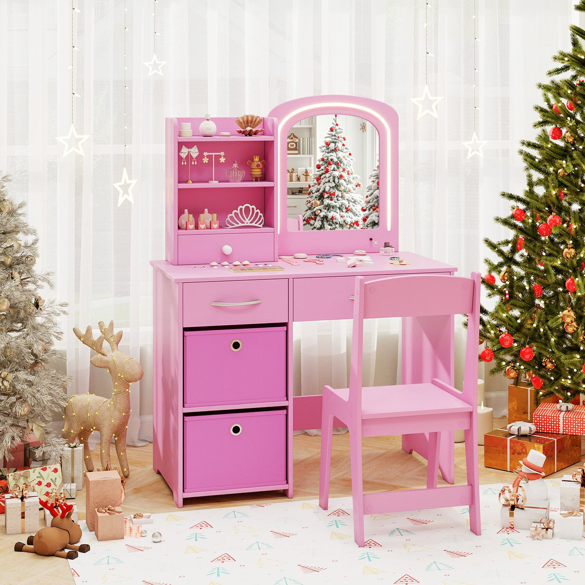 Kids Vanity Set with Lighted Mirror Makeup Desk and Chair Set with Drawers-Pink view 6
