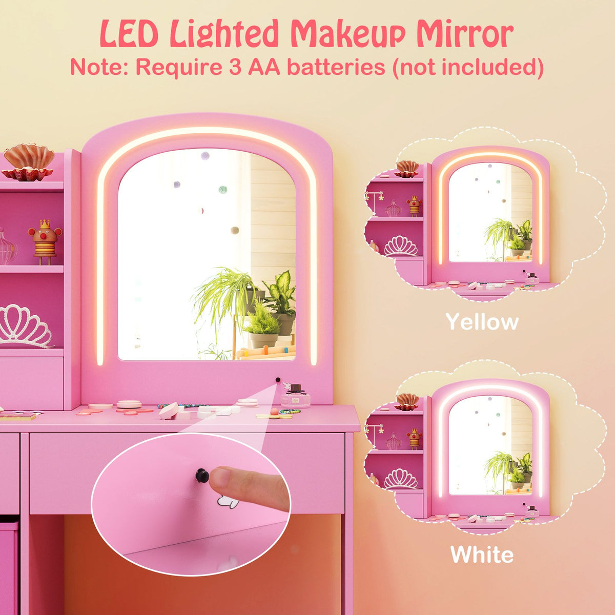 Kids Vanity Set with Lighted Mirror Makeup Desk and Chair Set with Drawers-Pink view 9