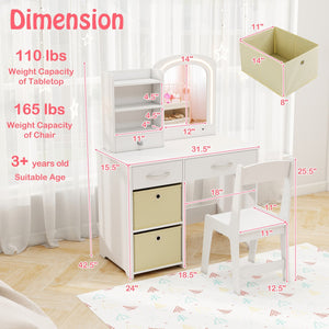 Kids Vanity Set with Lighted Mirror Makeup Desk and Chair Set with Drawers-White view 5
