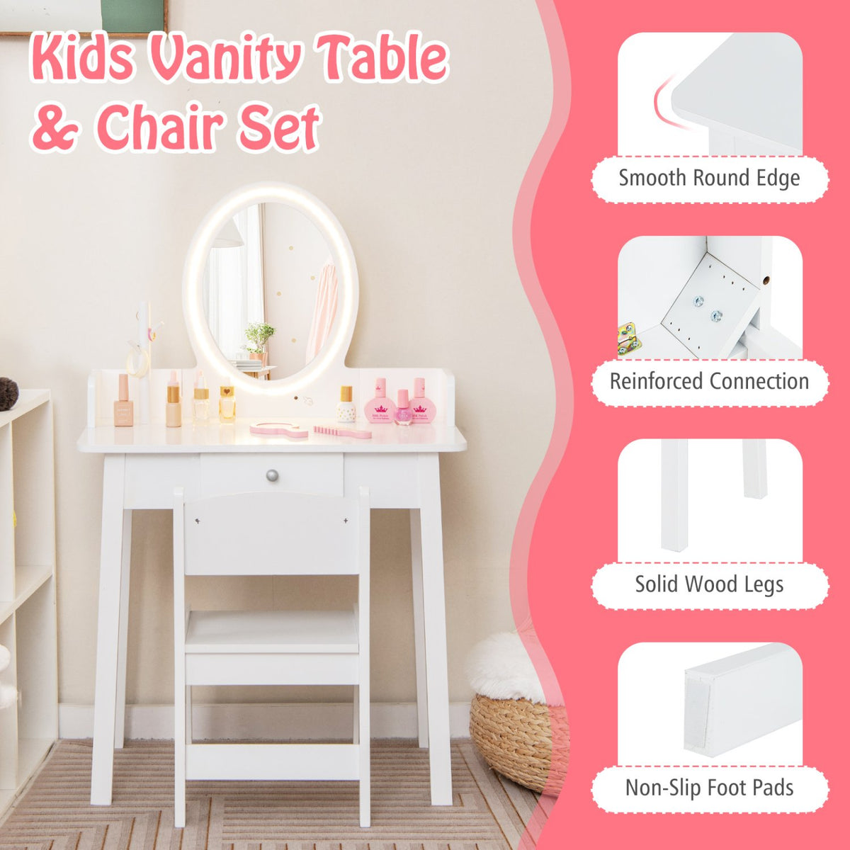 Kids Vanity Set with Lighted Mirror-White view 5