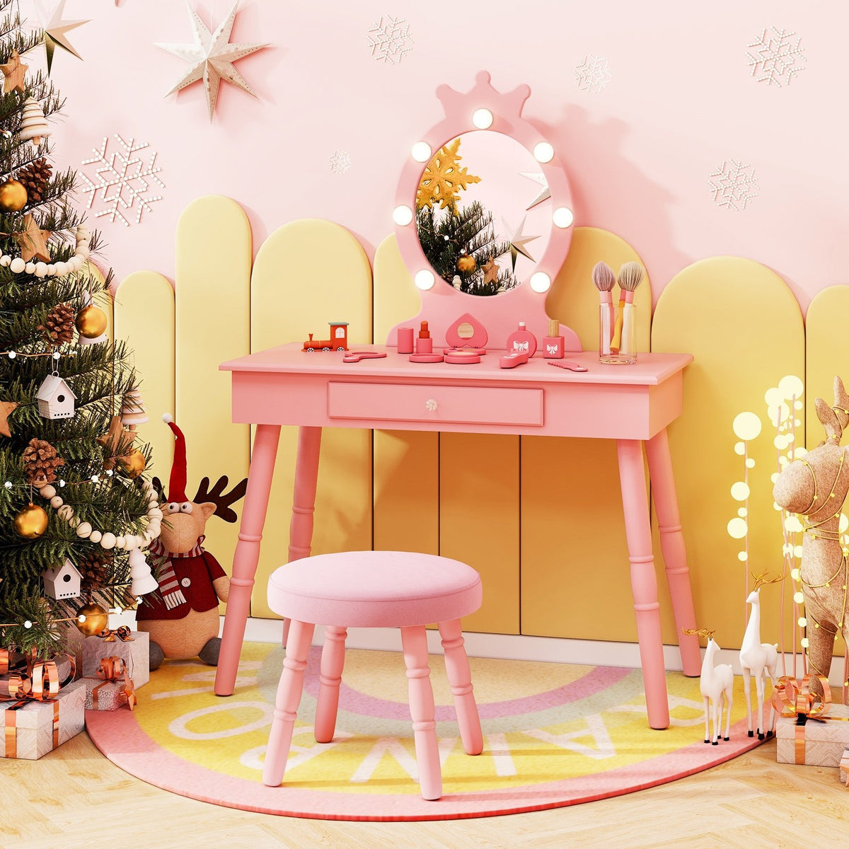 Kids Vanity Set with Lighted Mirror with Adjustable Brightness and Large Drawer-Pink view 3