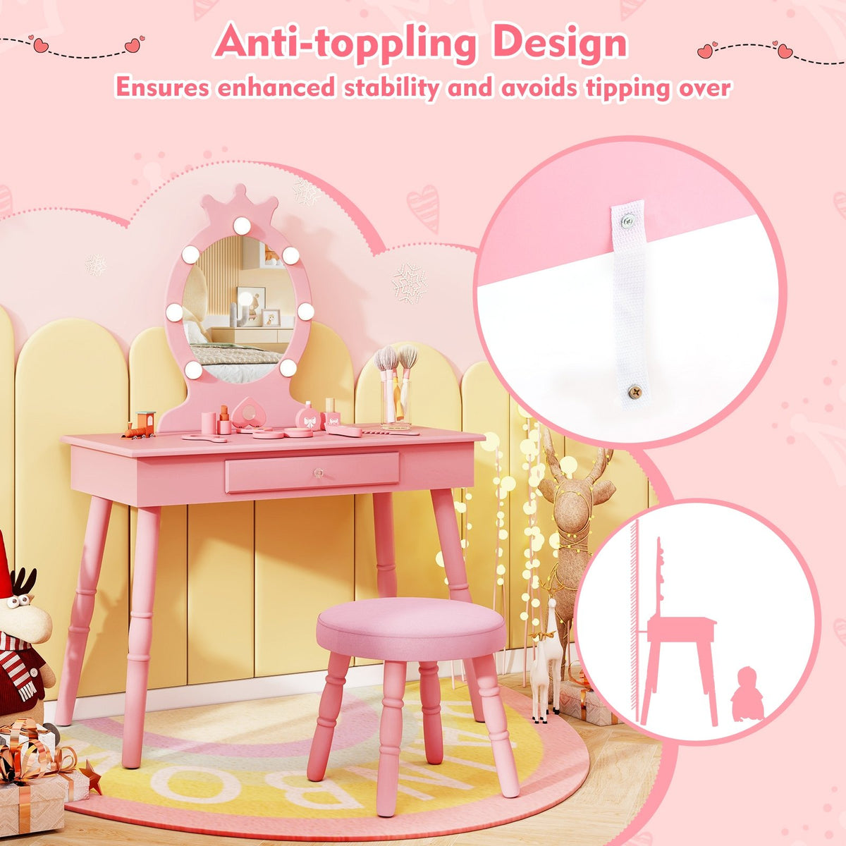 Kids Vanity Set with Lighted Mirror with Adjustable Brightness and Large Drawer-Pink view 9