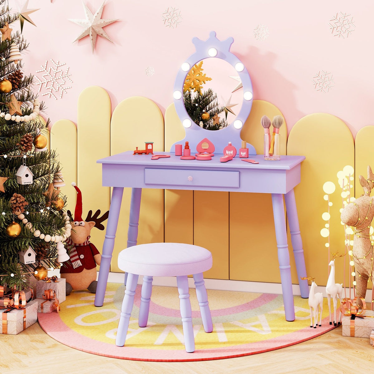 Kids Vanity Set with Lighted Mirror with Adjustable Brightness and Large Drawer-Purple view 3