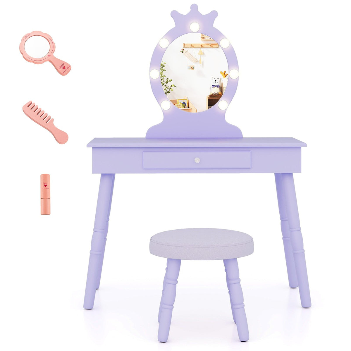 Kids Vanity Set with Lighted Mirror with Adjustable Brightness and Large Drawer-Purple view 4