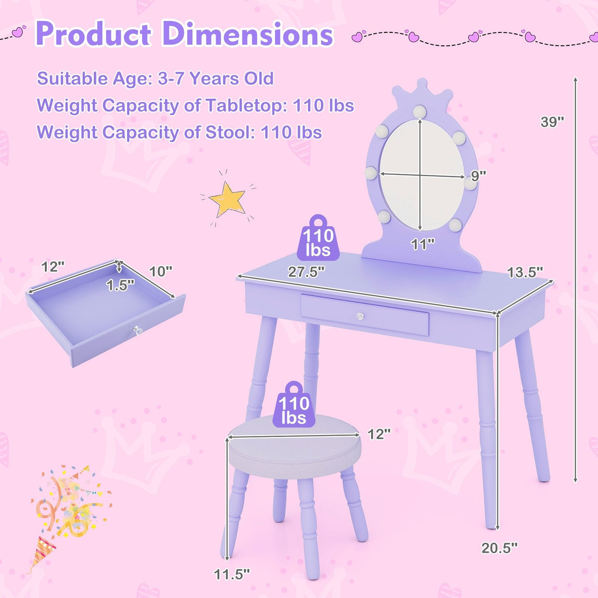Kids Vanity Set with Lighted Mirror with Adjustable Brightness and Large Drawer-Purple view 5