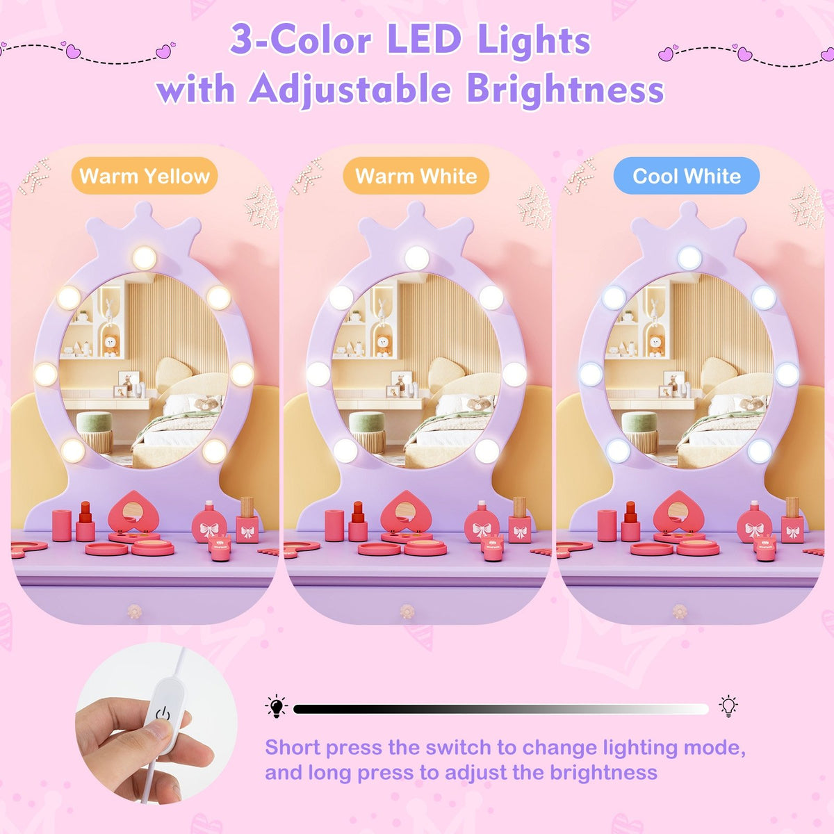 Kids Vanity Set with Lighted Mirror with Adjustable Brightness and Large Drawer-Purple view 6