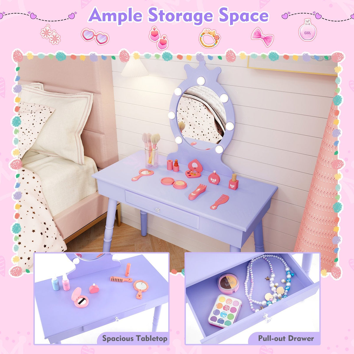 Kids Vanity Set with Lighted Mirror with Adjustable Brightness and Large Drawer-Purple view 8