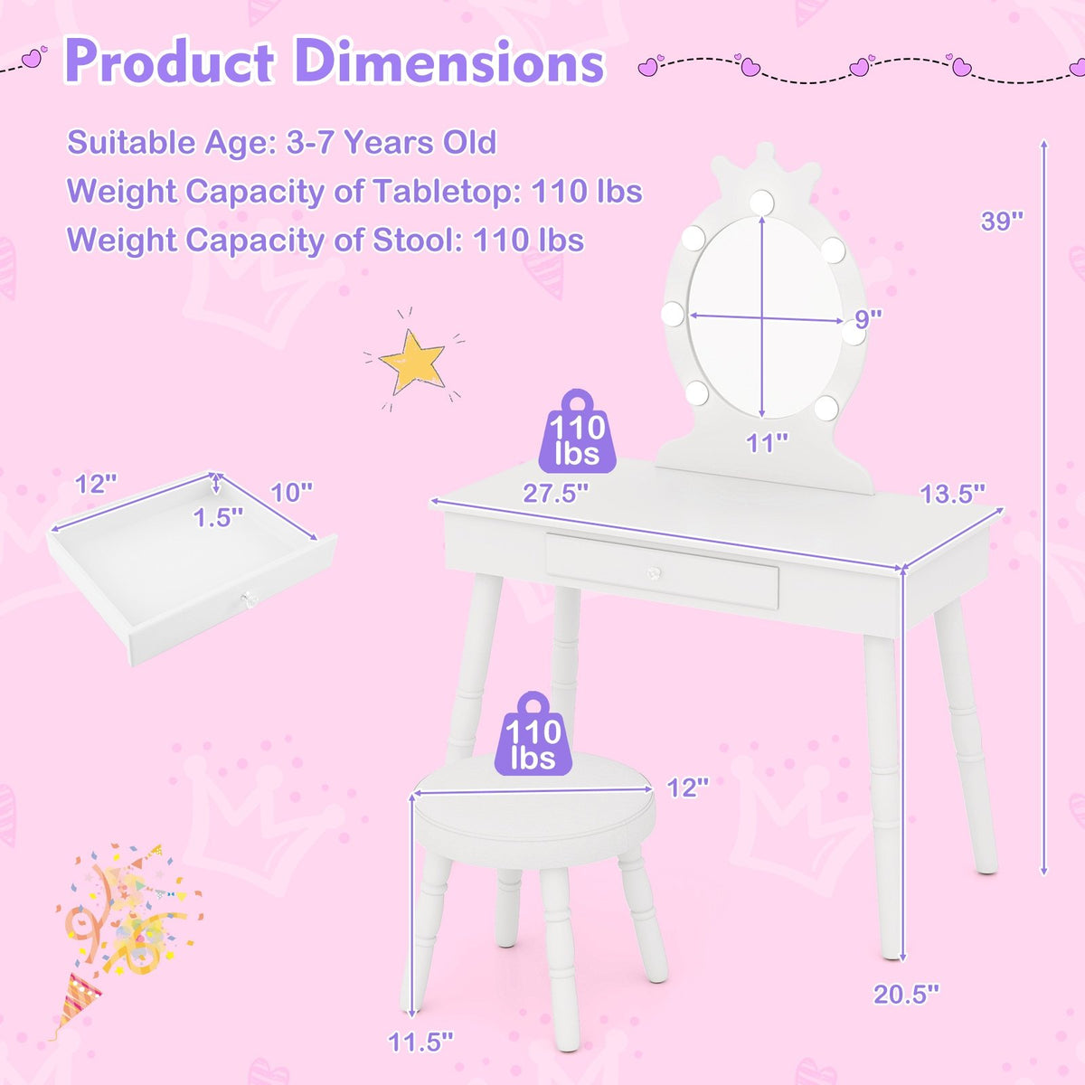 Kids Vanity Set with Lighted Mirror with Adjustable Brightness and Large Drawer-White view 5