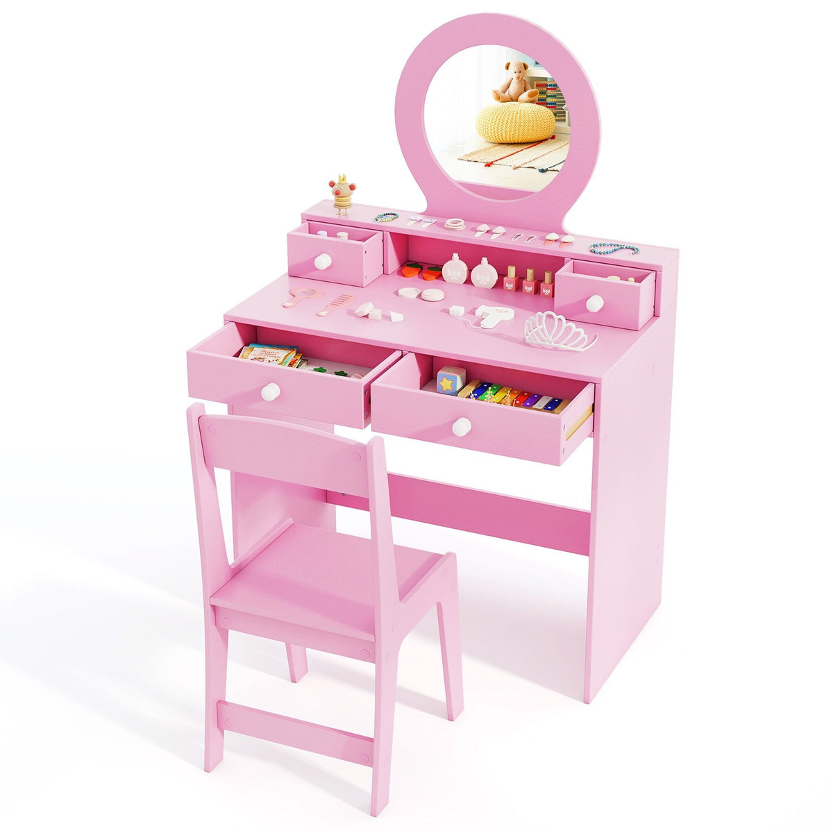 Kids Vanity Set with Mirror Princess Makeup Dressing Desk and Chair Set with Mirror-Pink view 4