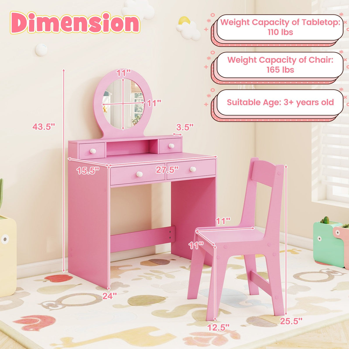 Kids Vanity Set with Mirror Princess Makeup Dressing Desk and Chair Set with Mirror-Pink view 5