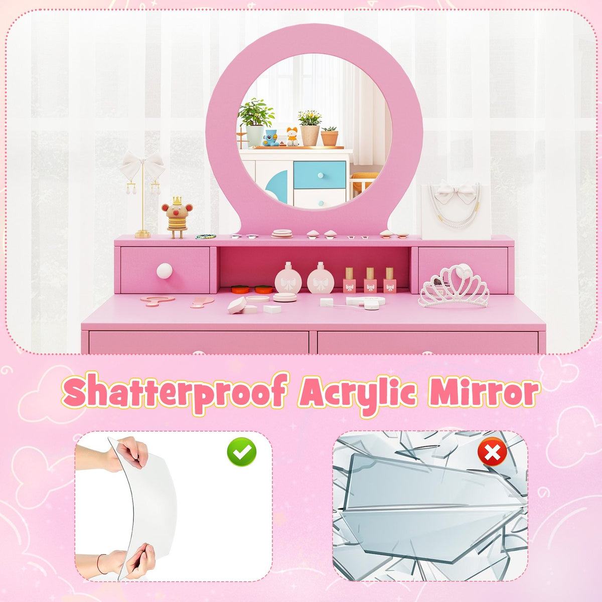 Kids Vanity Set with Mirror Princess Makeup Dressing Desk and Chair Set with Mirror-Pink view 9