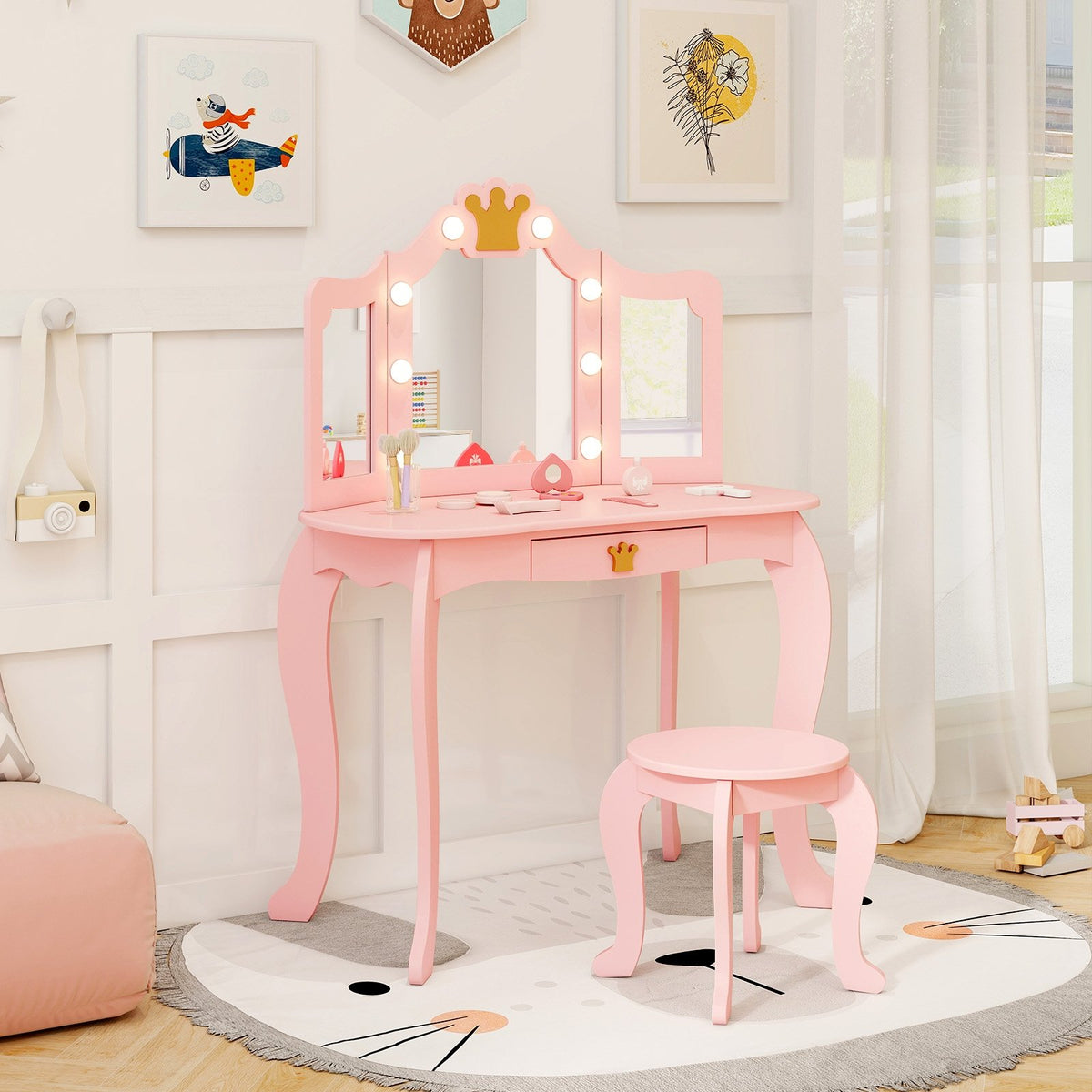 Kids Vanity Set with Tri-fold Lighted Mirror Detachable Top and Stool-Pink view 3