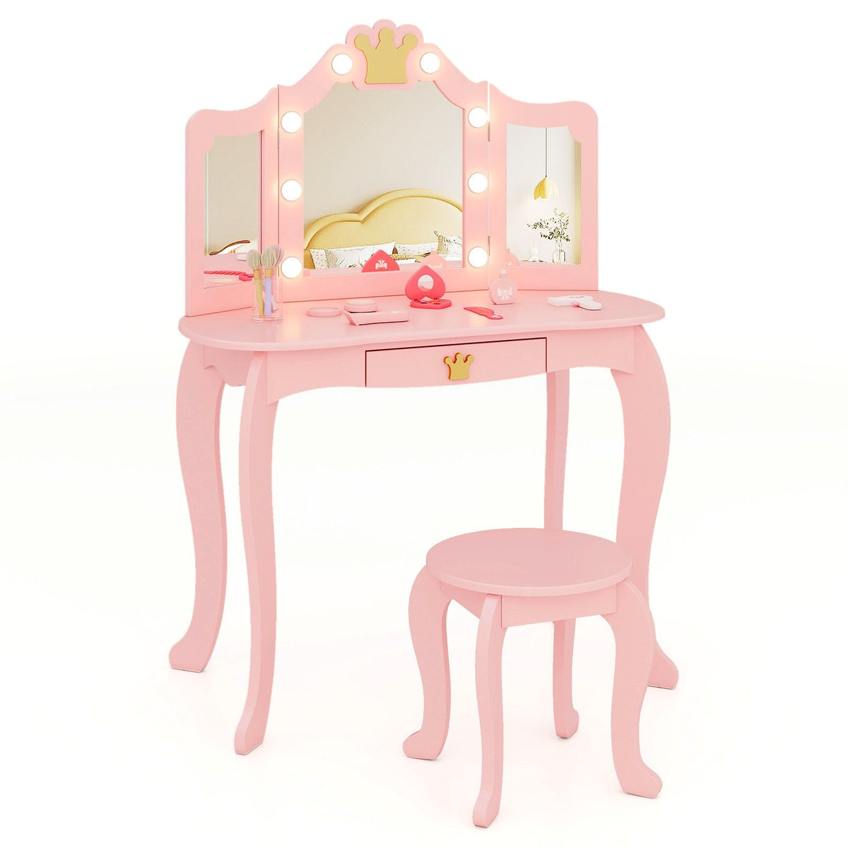 Kids Vanity Set with Tri-fold Lighted Mirror Detachable Top and Stool-Pink view 4