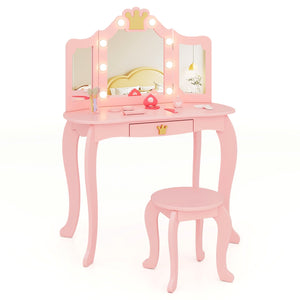Kids Vanity Set with Tri-fold Lighted Mirror Detachable Top and Stool-Pink view 4