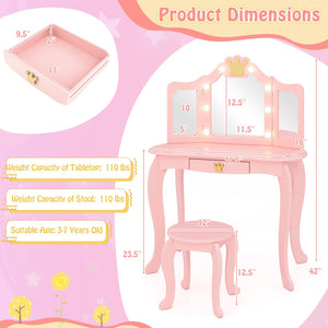 Kids Vanity Set with Tri-fold Lighted Mirror Detachable Top and Stool-Pink view 5