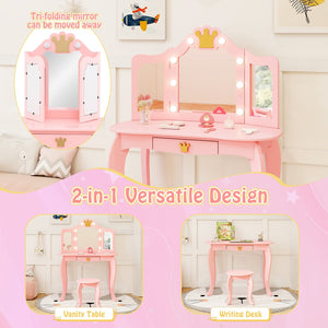 Kids Vanity Set with Tri-fold Lighted Mirror Detachable Top and Stool-Pink view 6