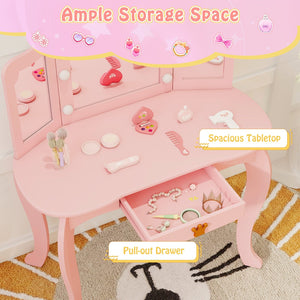 Kids Vanity Set with Tri-fold Lighted Mirror Detachable Top and Stool-Pink view 7
