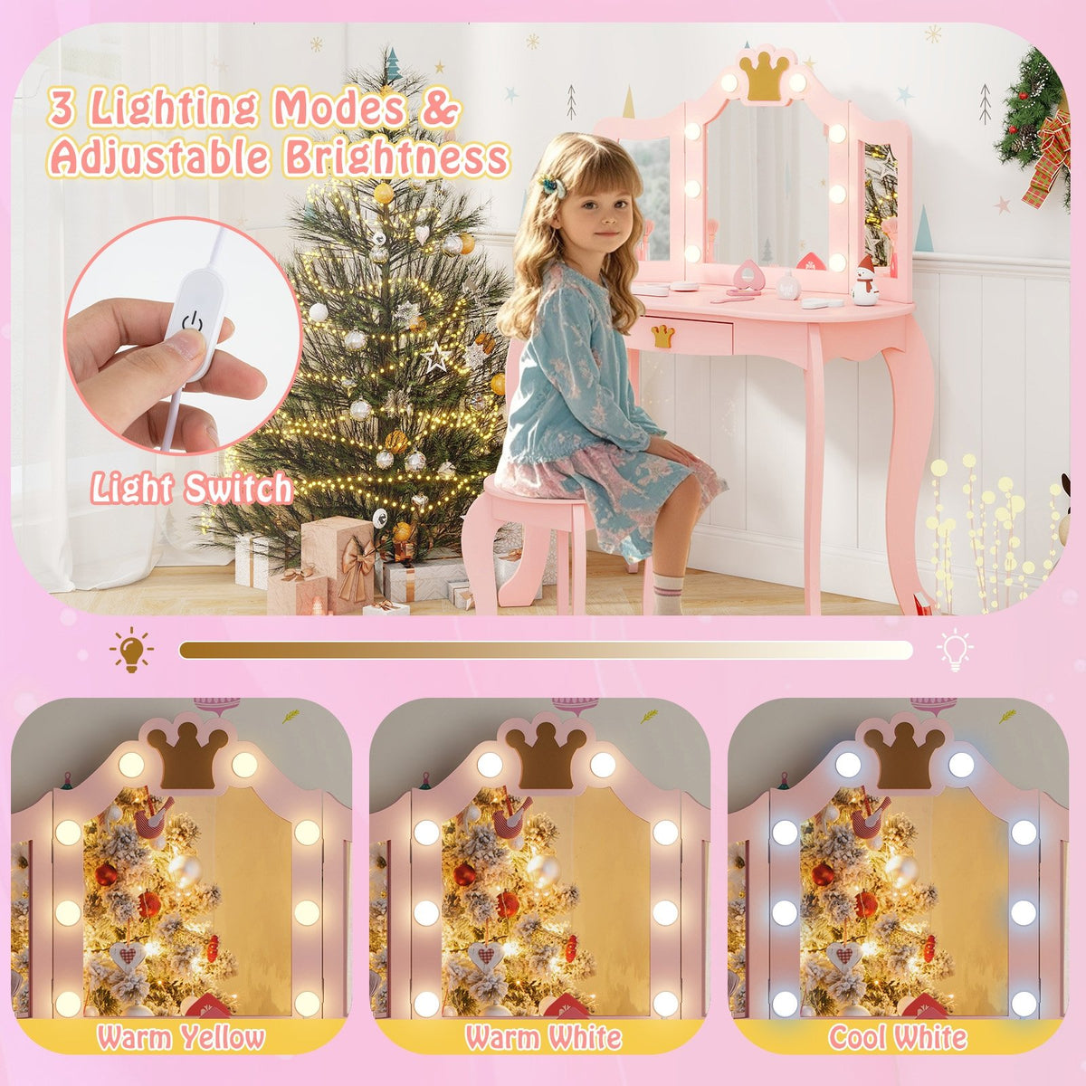 Kids Vanity Set with Tri-fold Lighted Mirror Detachable Top and Stool-Pink view 8