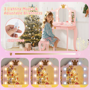 Kids Vanity Set with Tri-fold Lighted Mirror Detachable Top and Stool-Pink view 8