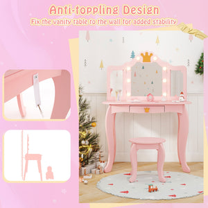 Kids Vanity Set with Tri-fold Lighted Mirror Detachable Top and Stool-Pink view 9