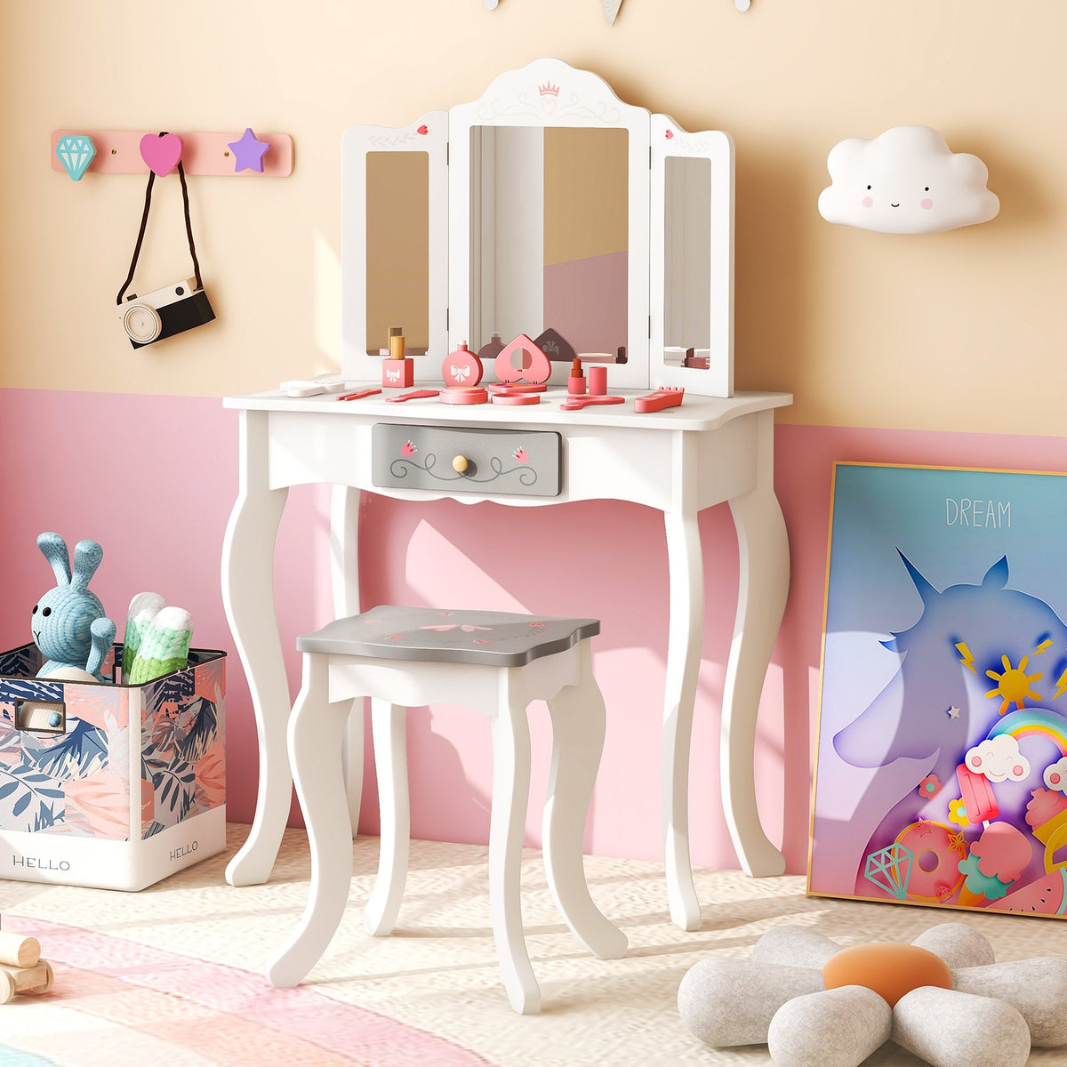 Kids Vanity Set with Tri-folding Mirror-White view 2