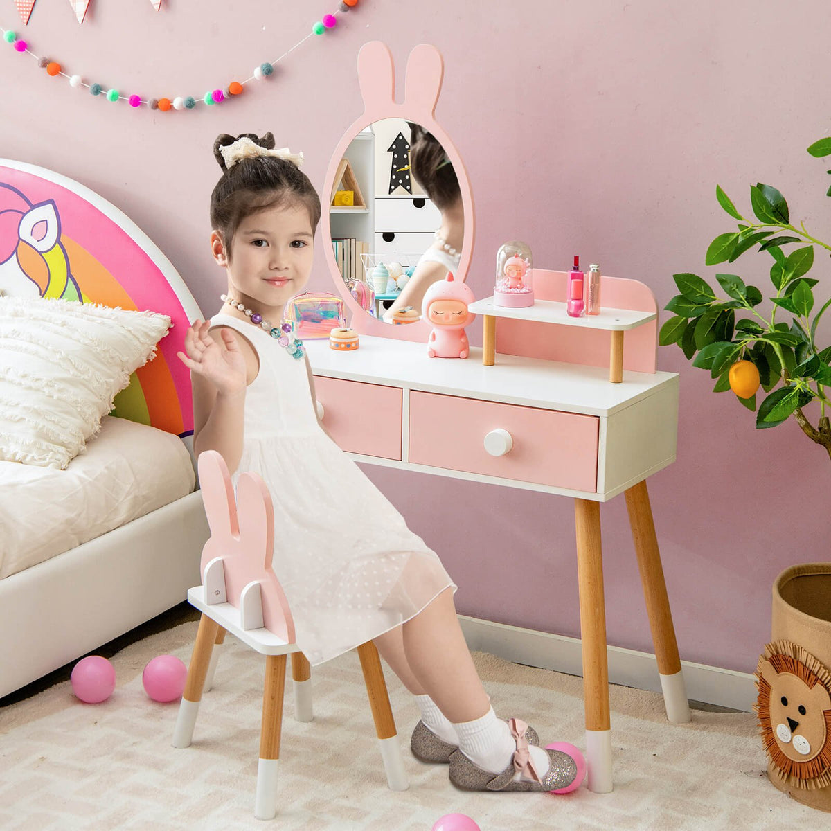 Kids Vanity Table and Chair Set with Drawer Shelf and Rabbit Mirror-Pink view 2