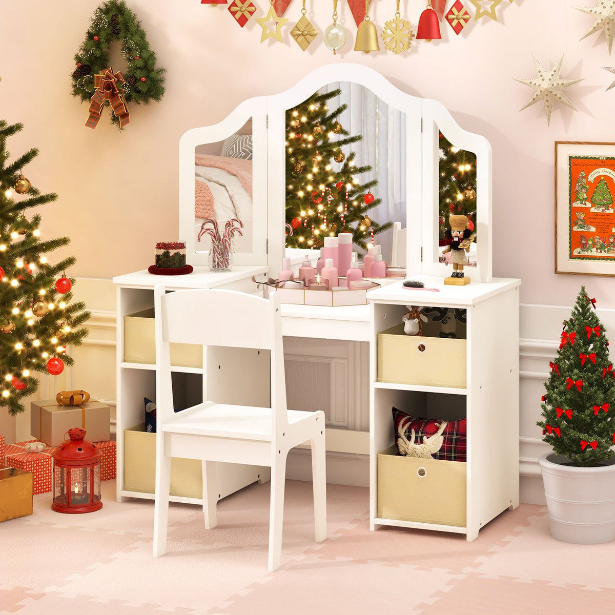 Kids Vanity Table and Chair Set with Removable Mirrors and 4 Storage Bins-White view 2