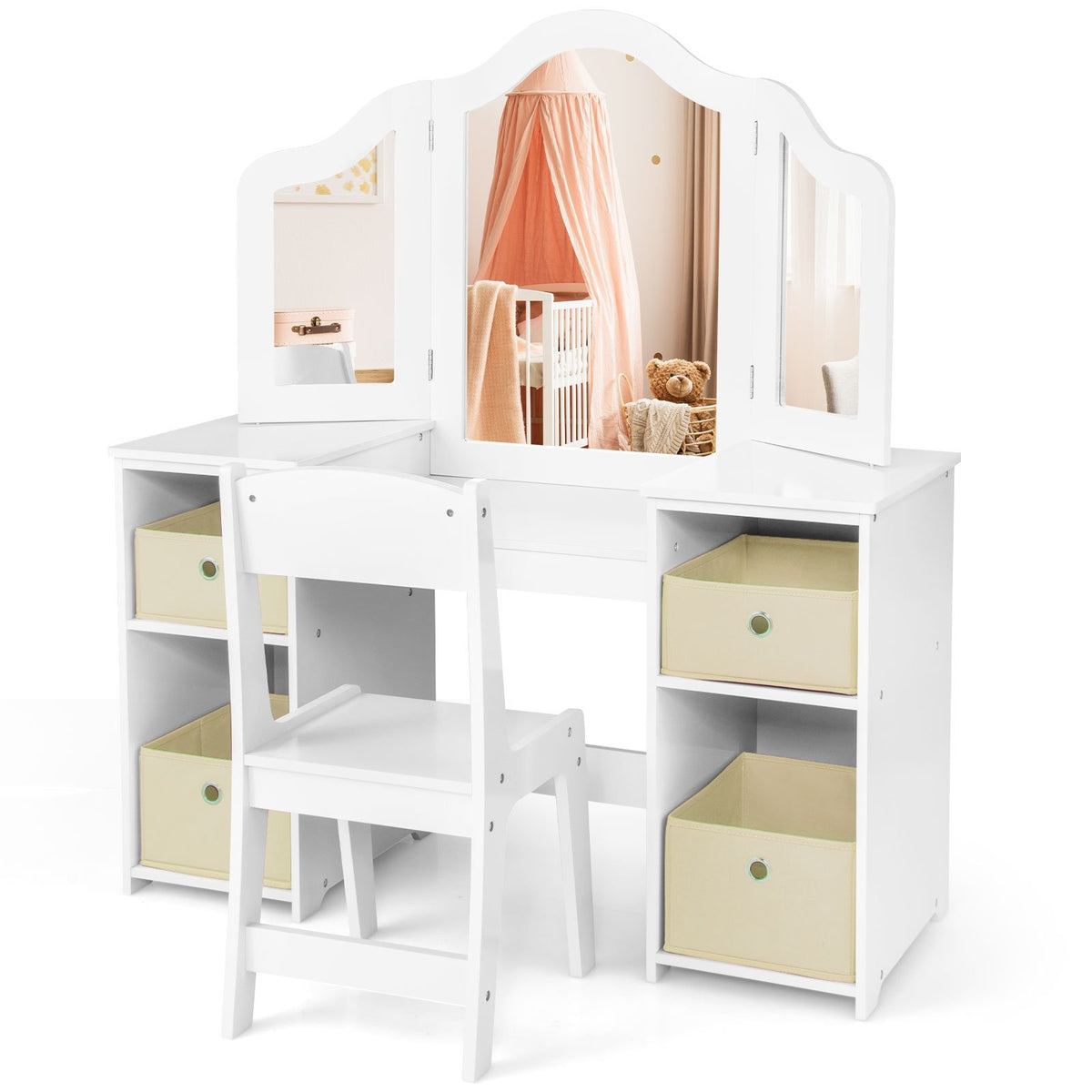 Kids Vanity Table and Chair Set with Removable Mirrors and 4 Storage Bins-White view 5
