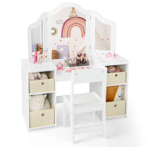 Kids Vanity Table and Chair Set with Removable Mirrors and 4 Storage Bins-White view 6