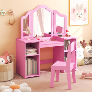 Kids Vanity Table and Chair Set with Removable Tri-Folding Mirror-Pink view 2
