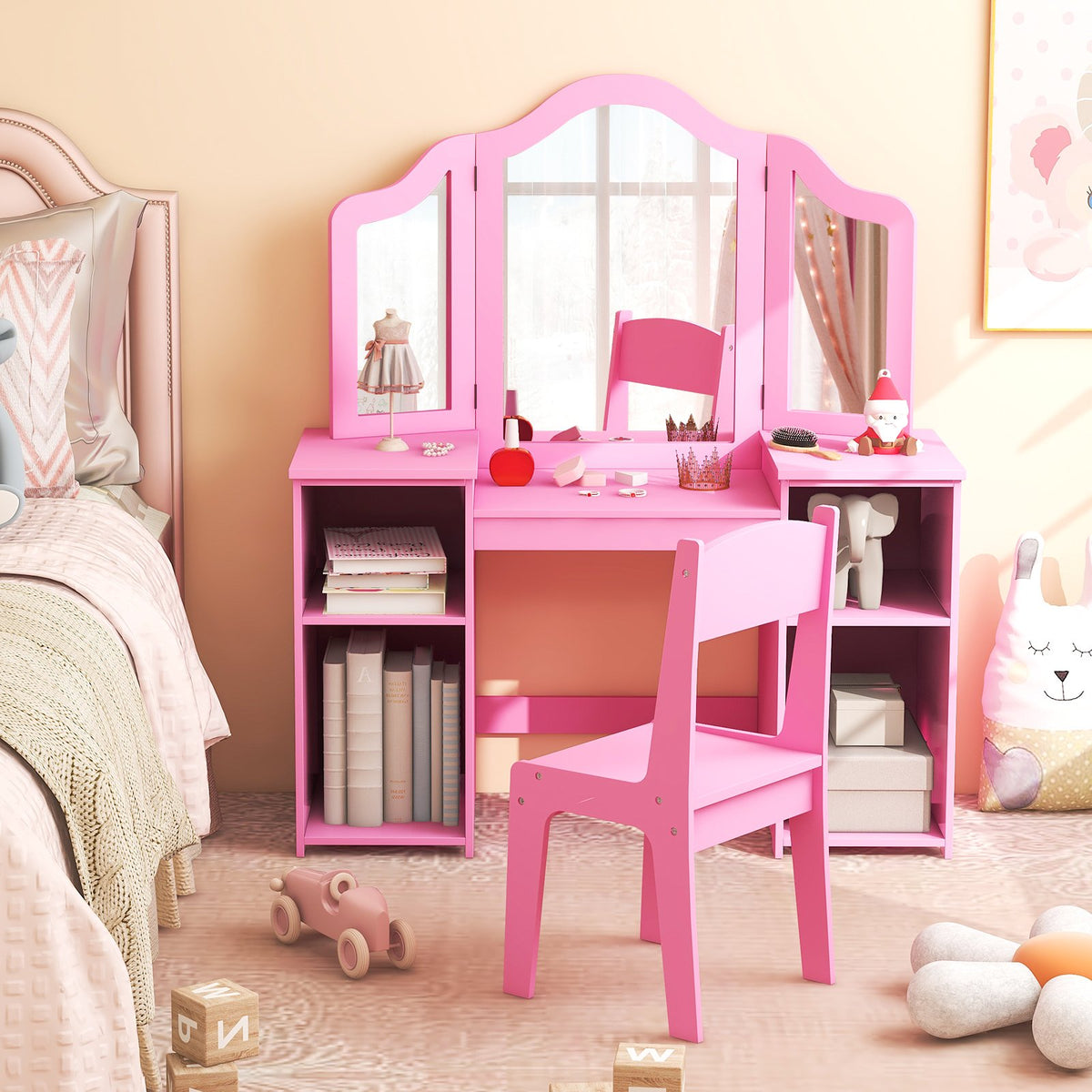 Kids Vanity Table and Chair Set with Removable Tri-Folding Mirror-Pink view 3